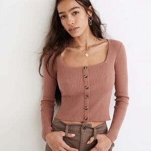 Madewell rosseau square neck ribbed Henley top XS faded mauve